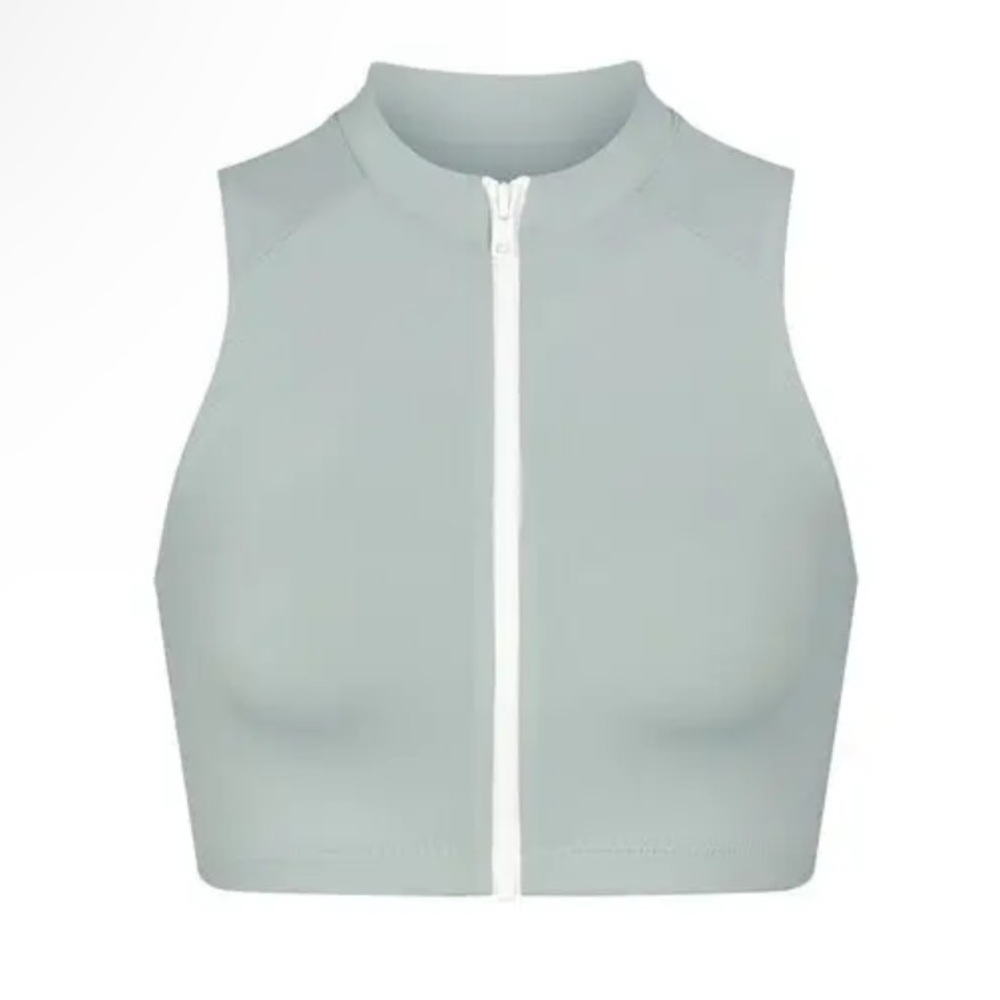 SKIMS Light Sage Front-Zip Crop Swim Top